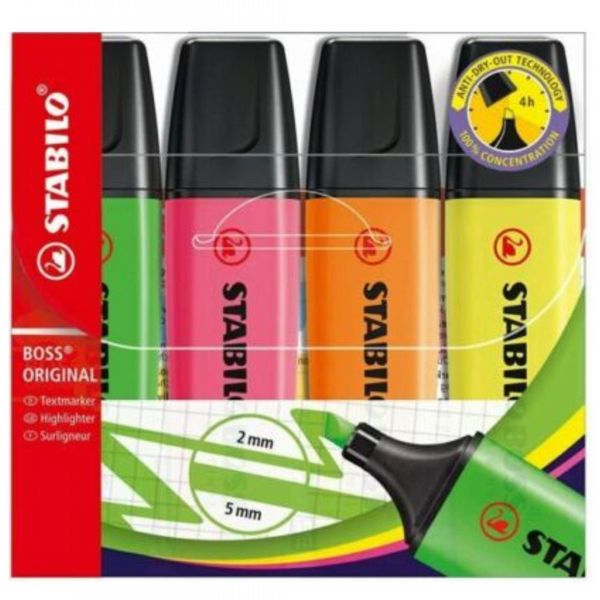 Stabilo Boss Pen Wallet Yellow/Green/Orange/Pink 70/4 [Ss704] - Pack of 4